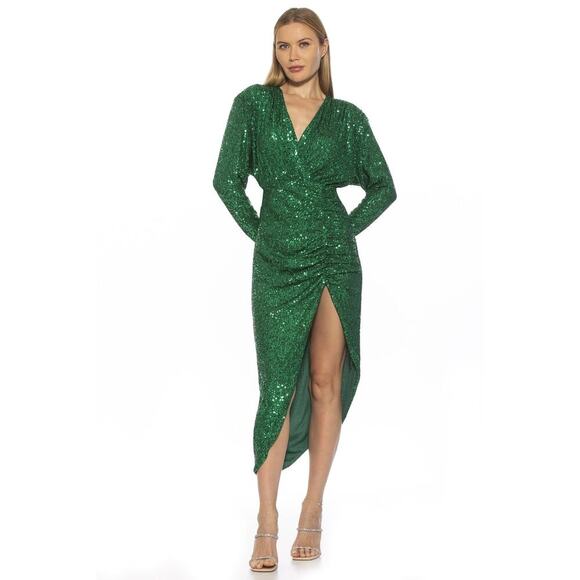 NEW Alexia Admor Women’s Medium Emerald Silena‎ Sequin Dress NWOT V-Neck Midi - Picture 1 of 7
